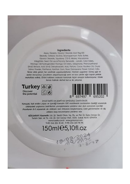 Gülsarayı Aloe Vera ve E Vitaminli Gül Özlü Hassas El ve Yüz Kremi 150ML
