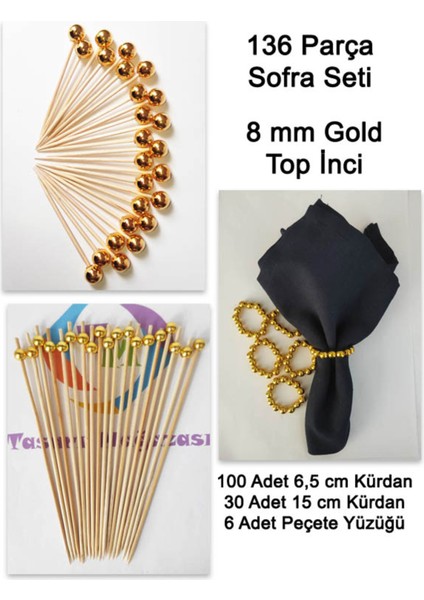 136 Parça Gold Küçük Top İnci Boncuklu Sofra Seti Uzun Kürdan Kısa Kürdan Peçete Halkası-İnci 8 mm