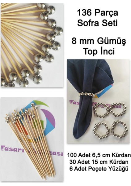 136 Parça Gümüş Küçük Top İnci Boncuklu Sofra Seti Uzun Kürdan Kısa Kürdan Peçete Halkası-İnci 8 mm
