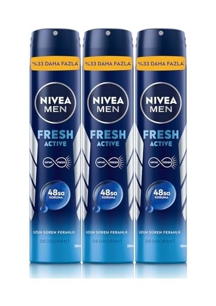 Nıvea Men Erkek Sprey Deodorant Fresh Active 200ML, Ter Kokusuna Karşı 48SAAT Koruma, X3 Adet, Avantajlı Boy fiyatları