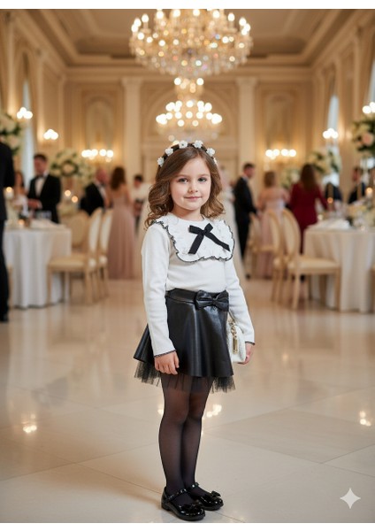 Kız Çocuk Şık Davet Kıyafeti – Deri Görünümlü Etek ve Uzun Kollu Bluz