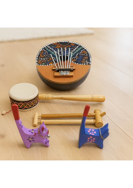 Müzik Aleti Seti Çocuk Hediyesi Kalimba Düdük Davul Kedi