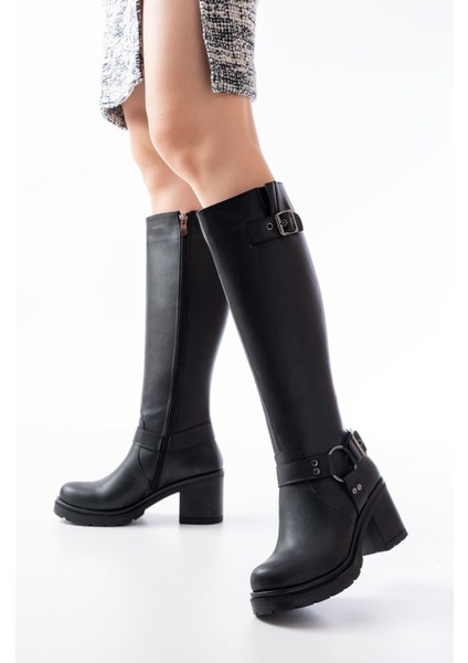 ZRİN-3005 Premium Siyah Toka Aksesuarlı Fermuarlı Topuklu Kadın Çizme