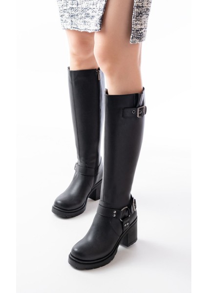 ZRİN-3005 Premium Siyah Toka Aksesuarlı Fermuarlı Topuklu Kadın Çizme fırsatları