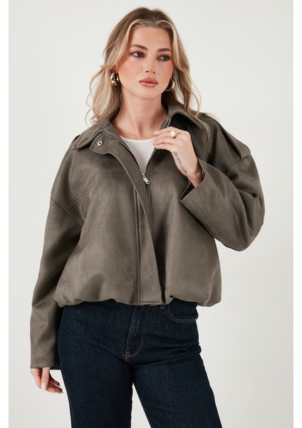 Oversize Fit Klasik Yaka Süet Dokulu Bomber Ceket Mont Bayan Mont 6524932
