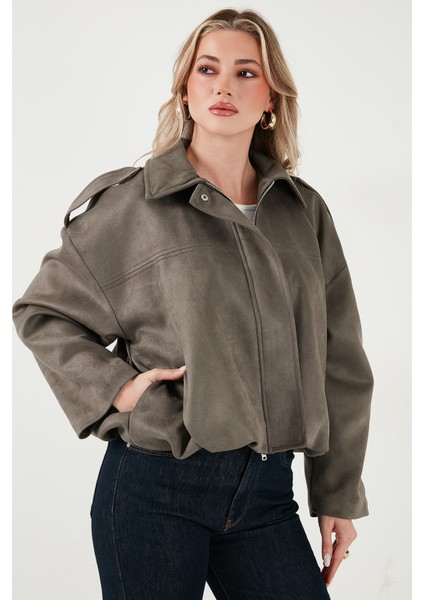 Oversize Fit Klasik Yaka Süet Dokulu Bomber Ceket Mont Bayan Mont 6524932 modelleri