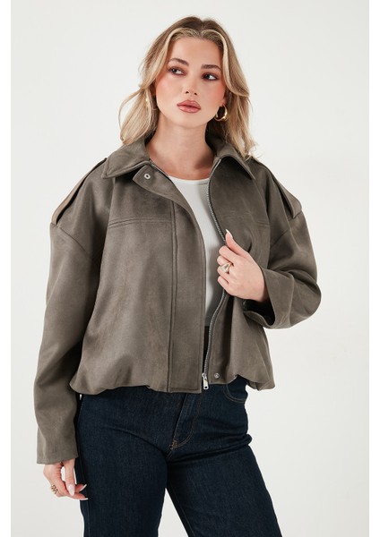 Oversize Fit Klasik Yaka Süet Dokulu Bomber Ceket Mont Bayan Mont 6524932 fırsatları