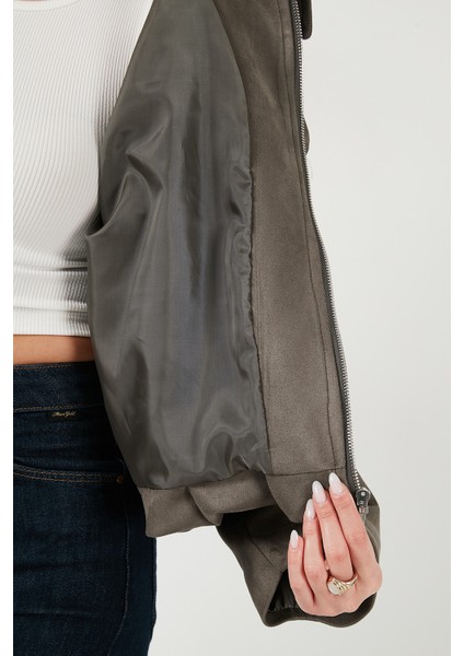 Oversize Fit Klasik Yaka Süet Dokulu Bomber Ceket Mont Bayan Mont 6524932 indirimleri