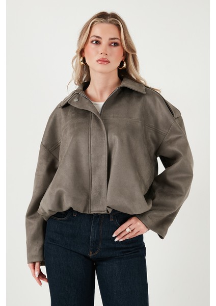 Oversize Fit Klasik Yaka Süet Dokulu Bomber Ceket Mont Bayan Mont 6524932