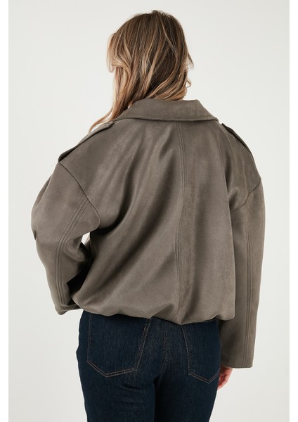 Oversize Fit Klasik Yaka Süet Dokulu Bomber Ceket Mont Bayan Mont 6524932