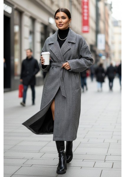 Kışlık Uzun Kuşaklı Kaban – Siyah Soft Dokulu