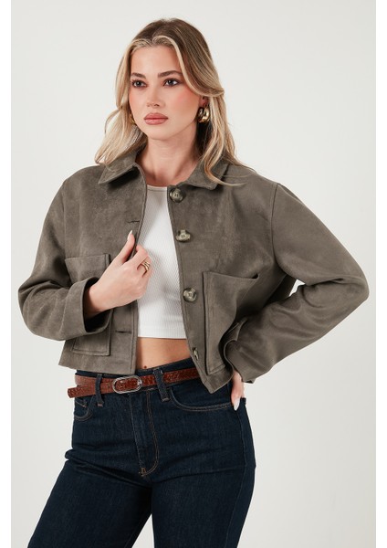 Regular Fit Klasik Yaka Süet Dokulu Cep Detaylı Ceket Bayan Ceket 6524992