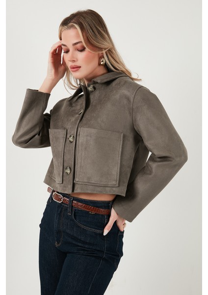 Regular Fit Klasik Yaka Süet Dokulu Cep Detaylı Ceket Bayan Ceket 6524992