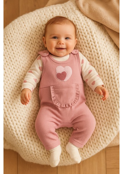 Bebek Kız 3'lü Tulum Takımı - Kalp Desenli Badi Mürdüm Salopet ve Çorap Seti Pamuklu