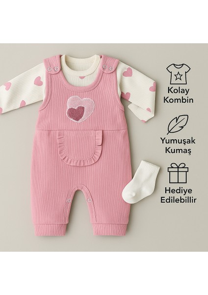 Bebek Kız 3'lü Tulum Takımı - Kalp Desenli Badi Mürdüm Salopet ve Çorap Seti Pamuklu fiyatları