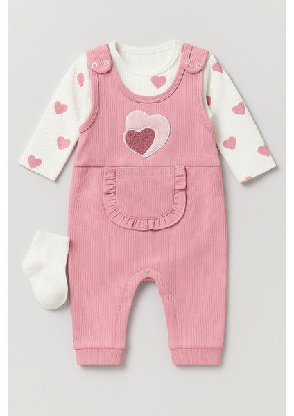 Bebek Kız 3'lü Tulum Takımı - Kalp Desenli Badi Mürdüm Salopet ve Çorap Seti Pamuklu fırsatları
