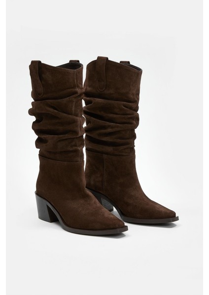 Loven Acı Kahve Süet Hakiki Deri Topuklu Çizme