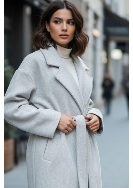 Oversize Kuşaklı Kadın Kaban – Açık Gri Modern Fit fiyatları