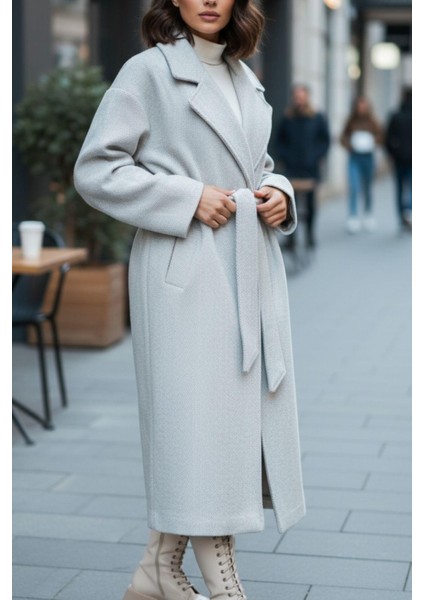Oversize Kuşaklı Kadın Kaban – Açık Gri Modern Fit fırsatları