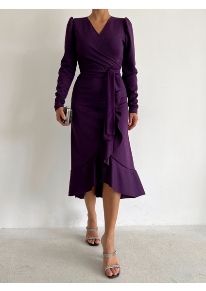 Krep Kumaş Midi Boy Kuşaklı Uzunkol Elbise