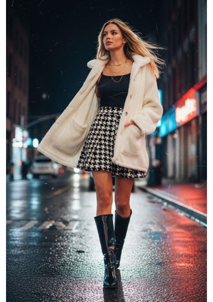 Peluş Kapüşonlu Uzun Kaban – Ekru Oversize