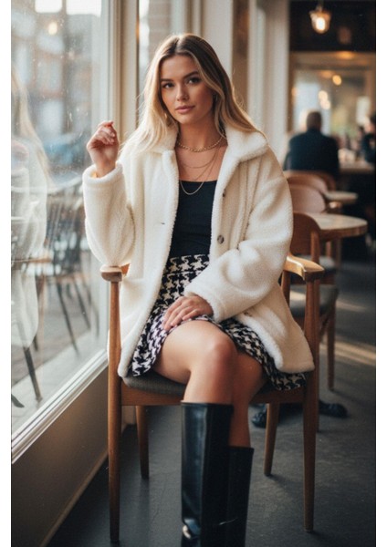 Peluş Kapüşonlu Uzun Kaban – Ekru Oversize fiyatları