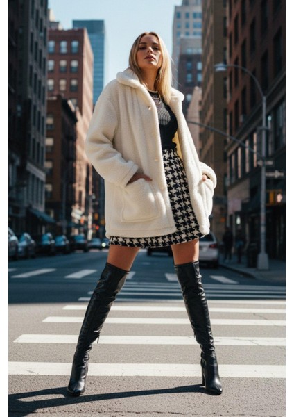 Peluş Kapüşonlu Uzun Kaban – Ekru Oversize modelleri