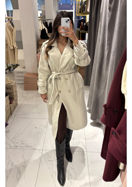 Omuzları Apolet Kuşak Detaylı Kadın Kaşe Kaban fiyatları