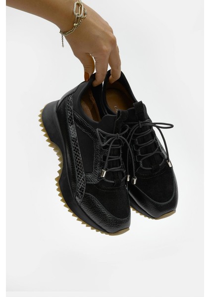 Sidney Siyah Hakiki Deri Yılan Desenli Kadın Sneaker