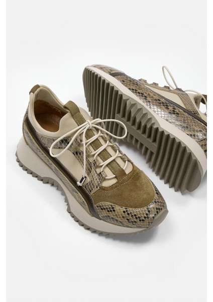 Sidney Bej Hakiki Deri Yılan Desenli Kadın Sneaker