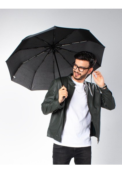 Şık Siyah 10 Telli Otomatik Erkek Şemsiye, Rüzgar Korumalı ve Dayanıklı Model