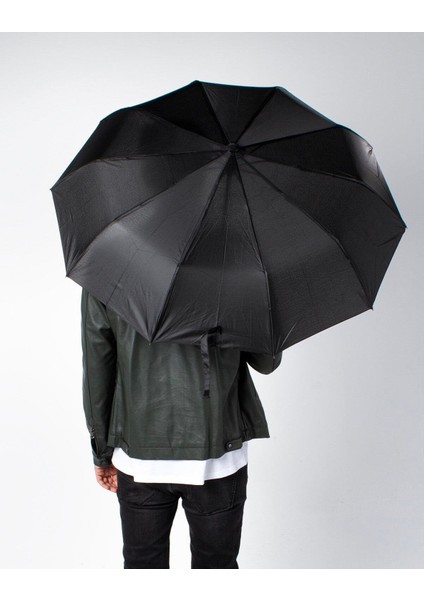 Şık Siyah 10 Telli Otomatik Erkek Şemsiye, Rüzgar Korumalı ve Dayanıklı Model