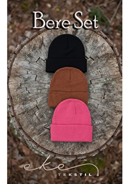 Unisex 3'lü Katlamalı Bere Seti Siyah, Fuşya, Kiremit Renk Seçenekleriyle fırsatları