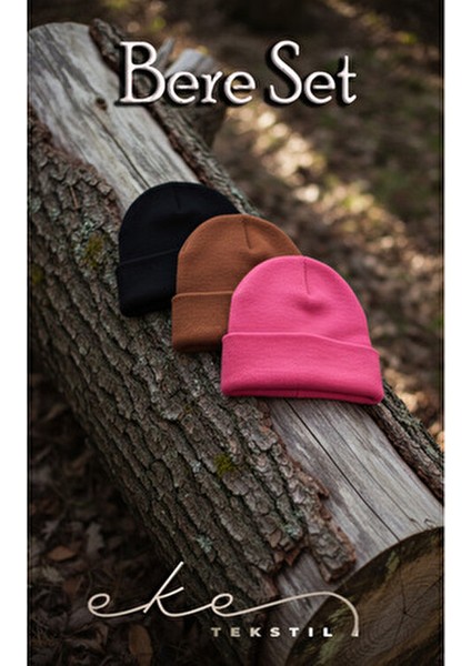 Unisex 3'lü Katlamalı Bere Seti Siyah, Fuşya, Kiremit Renk Seçenekleriyle indirimleri