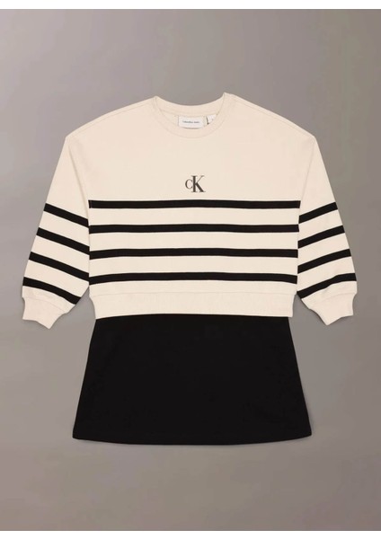 Çizgili Ekru Kız Çocuk Kısa Elbise IG0IG029630K4