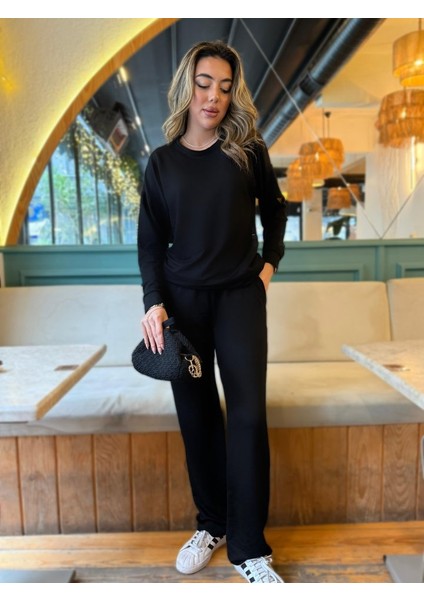 Kadın Uzun Kollu Bisiklet Yaka Viskon Iki Iplik Bluz ve Pantolon Ikili Takım