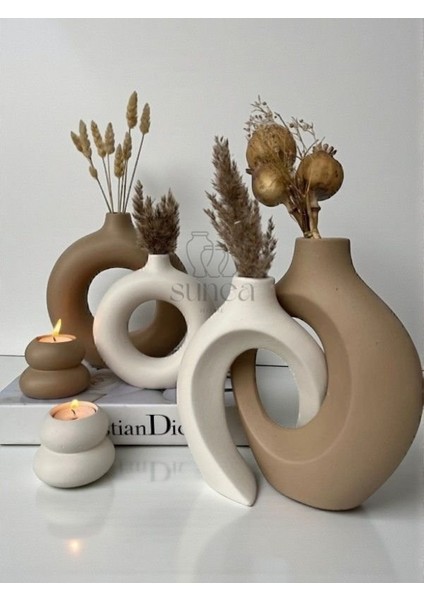 Dekoratif Sevgili Sarmaşık Vazo Set, Halka Vazo Tealight Mumluklu Set, Dekoratif Obje & Biblo Set