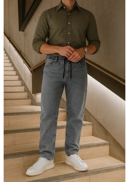 Erkek Beli Lastikli Jogger Bol Paça Gri Baggy Pantolon fiyatları