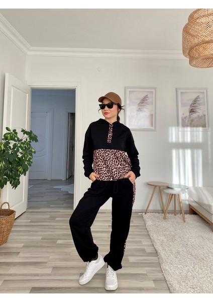 Kadın Uzun Kollu Leopar Detay Sweat ve Yanı Leopar Şerit Detay Pantolon Ikili Takım