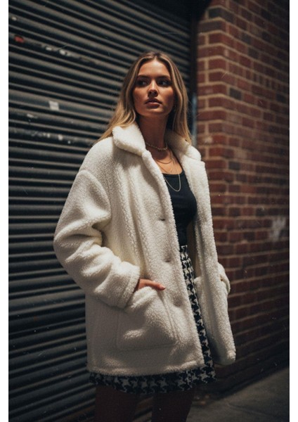 Kadın Kapüşonlu Peluş Teddy Kaban – Ekru Düğmeli