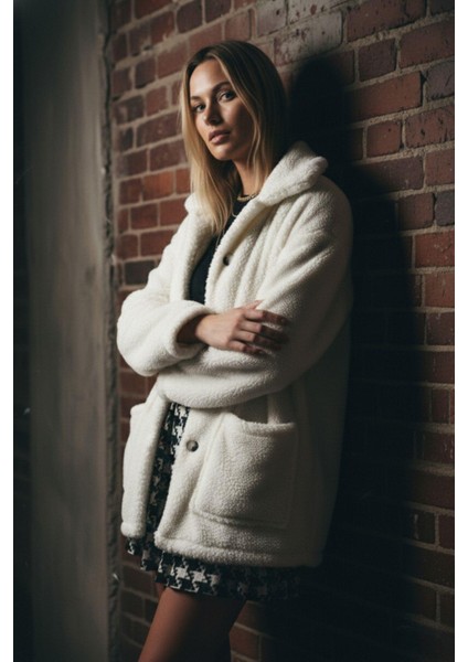 Kadın Kapüşonlu Peluş Teddy Kaban – Ekru Düğmeli fiyatları