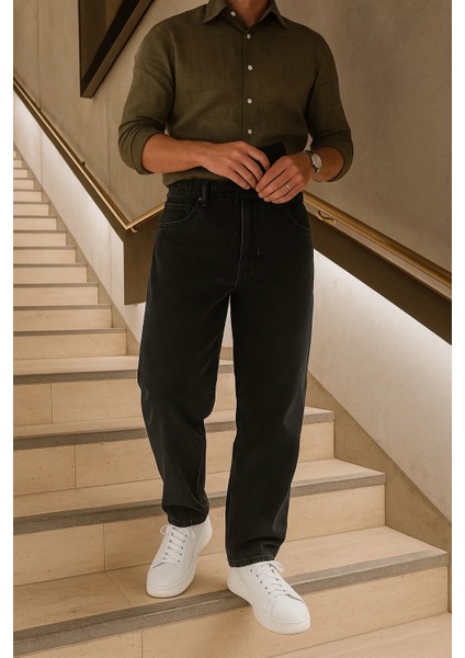 Erkek Beli Lastikli Jogger Bol Paça Siyah Baggy Pantolon fiyatları