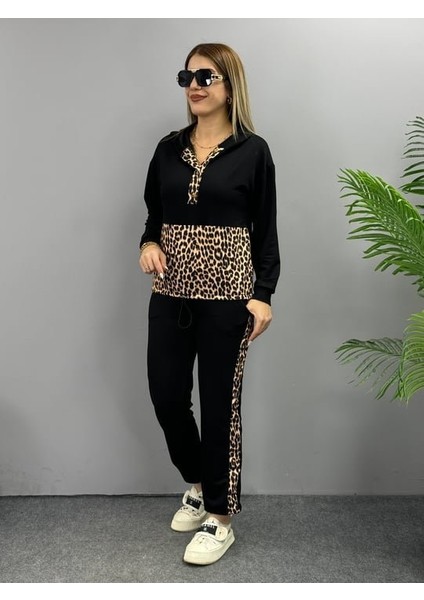 Kadın Uzun Kollu Leopar Detay Sweat ve Yanı Leopar Şerit Detay Pantolon Ikili Takım