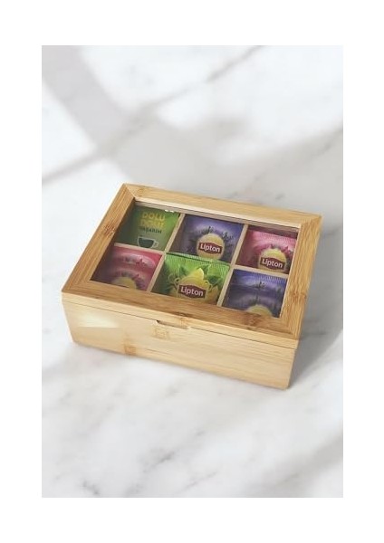 Bambu 6 Bölmeli Çay Kutusu -%100 Orjinal Bambu Kapak 21X16,5 X7CM modelleri