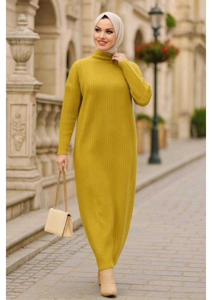 Boğazlı Yaka Hardal Tesettür Triko Elbise 34150HR indirimleri