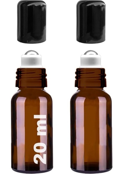 20 ml Çelik Roll On Şişe, Sızdırmaz Siyah Kapaklı, 2 Adet, Amber, Çok Renkli