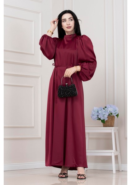 Beli Bağcıklı Balon Kol Abiye-Bordo modelleri