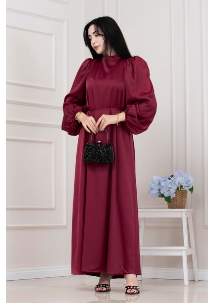 Beli Bağcıklı Balon Kol Abiye-Bordo fırsatları