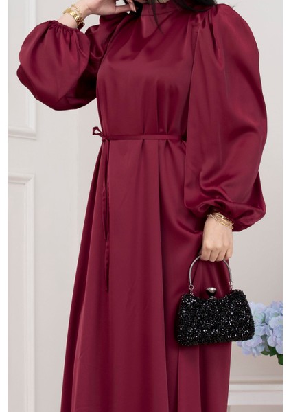 Beli Bağcıklı Balon Kol Abiye-Bordo indirimleri