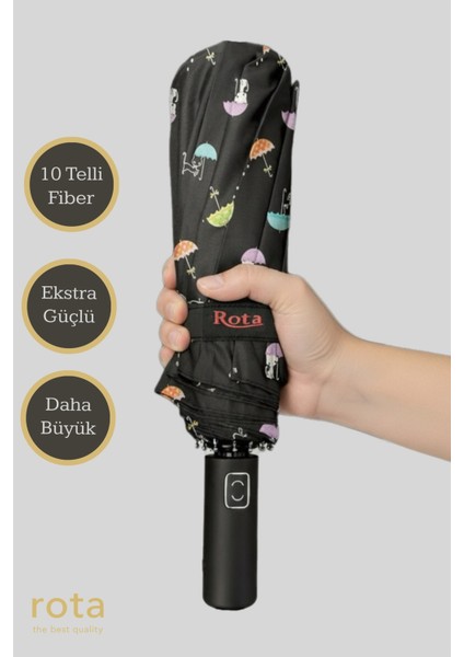 10 Telli Dayanıklı Fiber Tel Otomatik Şemsiye Kedi Şemsiye Siyah